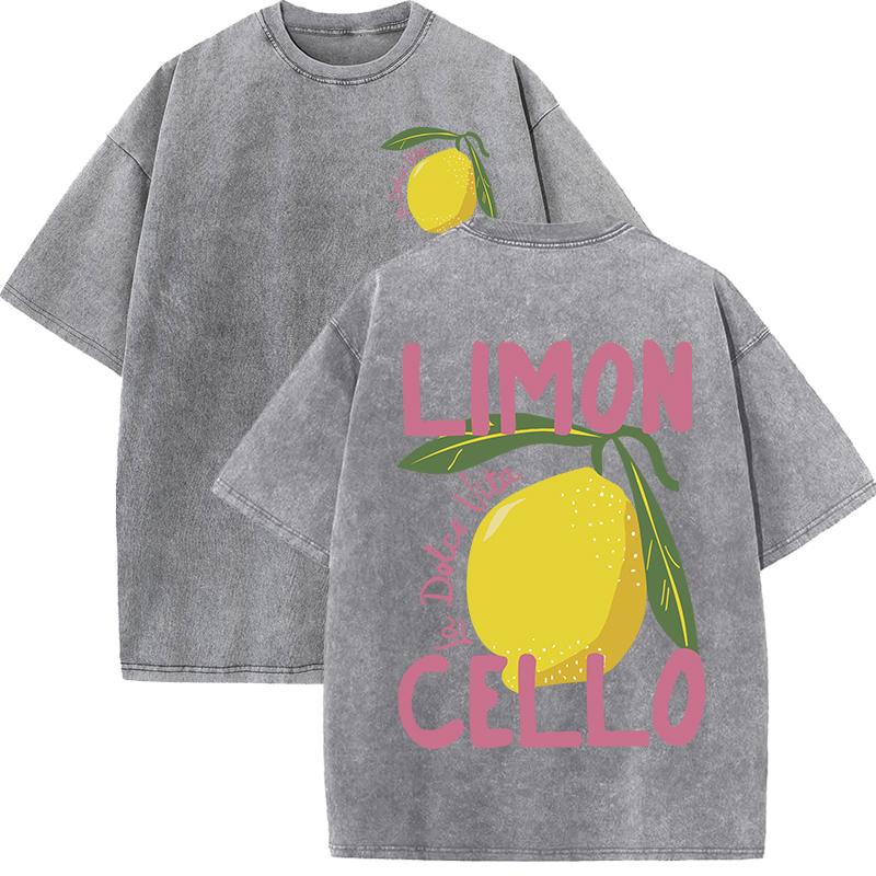 Lemon Cello Fresh Fruit Pink Letter Washed T-Shirt Womens Y2K Summer T Shirts Oversized Cotton Tops Loose Soft Short Sleeve