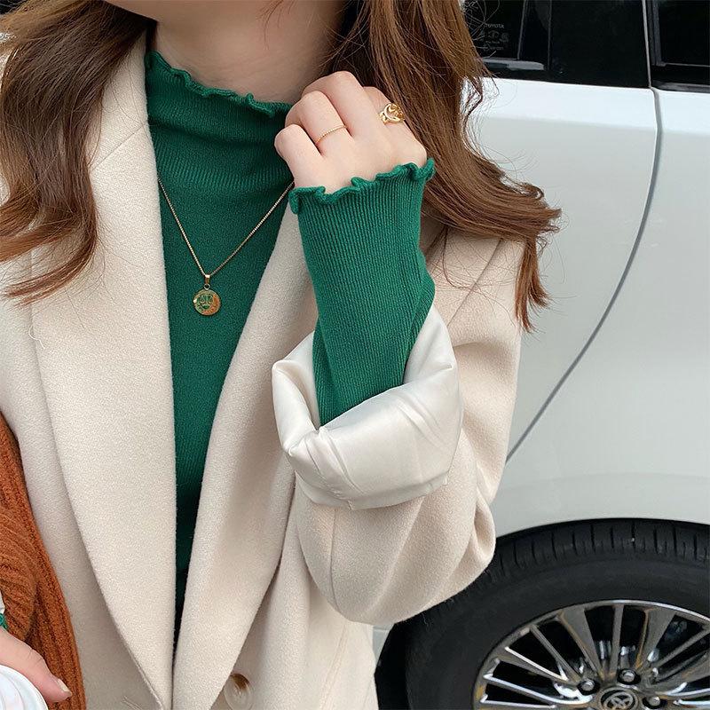 

Топ в иностранном стиле, фестончатый край, облегающий вязаный свитер с длинными рукавами для женской осенне-зимней базовой рубашки, кружевной воротник для женщин 48-201 (average size) зелёный