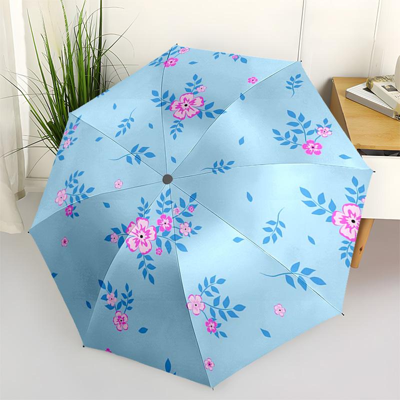 1pc Floral Pattern Light Blue Pink Flowers Leaves Umbrella with Plastic Handle,Suitable for All Seasons Umbrellaptys26003