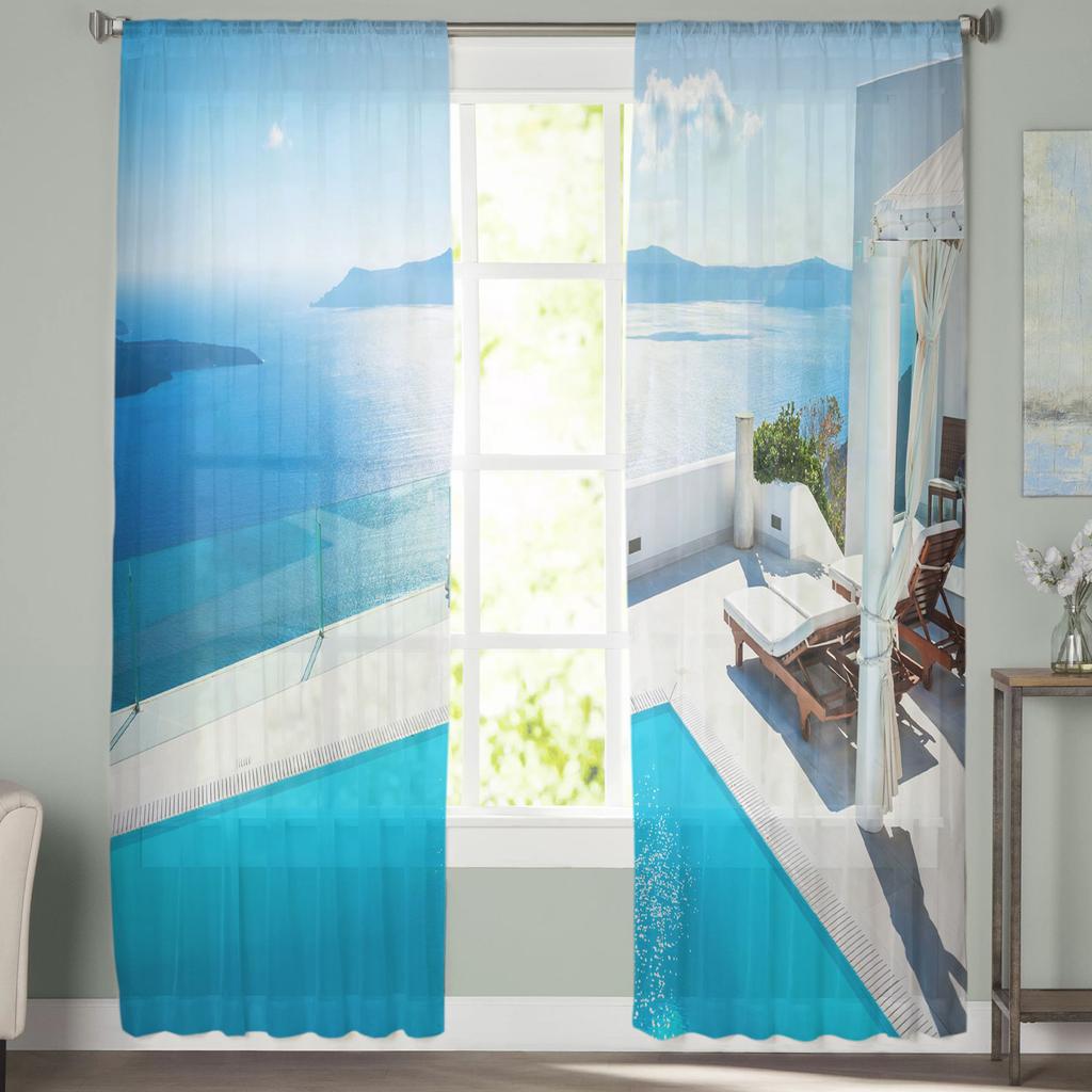 Meer Gebäude Stuhl Landschaft Tüll Vorhänge Für Wohnzimmer Dekoration Moderne Chiffon Sheer Voile Küche Vorhang