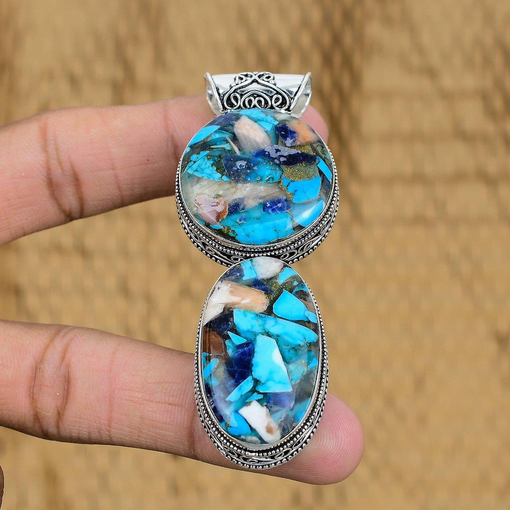 Easter Deal Copper Multi Turquoise Gemstone Vintage Pendant 925 Sterling Silver