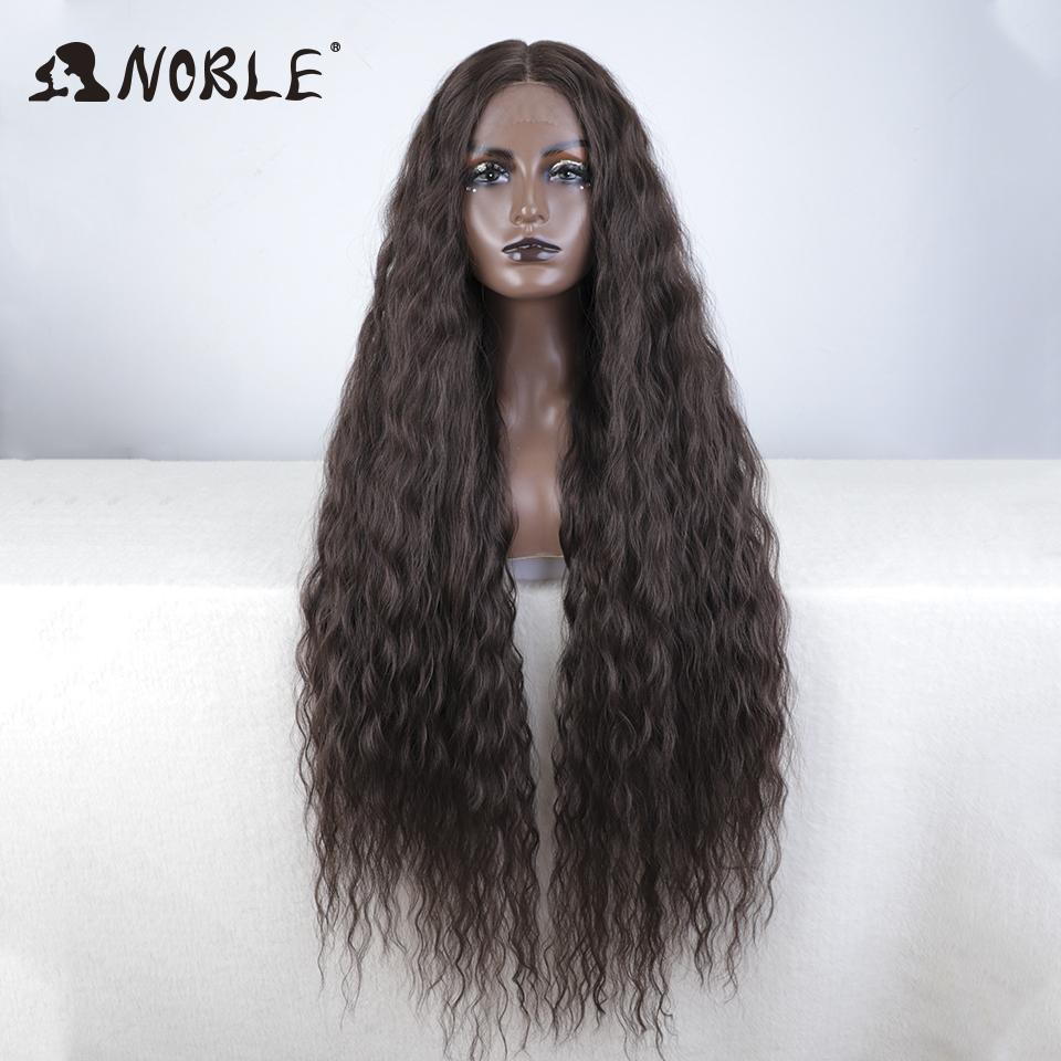 Noble 42 Inch Extra Long Water Wave Synthetic Lace Front Wig Ombre Brown Highlight Glueless Heat Resistant Curly Wig For Women