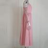 Women Summer Dress Solid Color U Neck High Waisted Pleated Halter Swing Dress