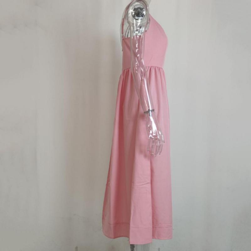 Women Summer Dress Solid Color U Neck High Waisted Pleated Halter Swing Dress