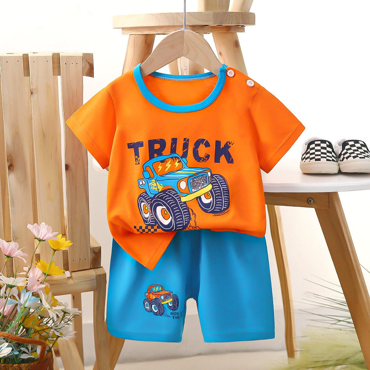 

Children s short sleeved set, pure cotton boys T-shirt, baby s summer children s clothing, girls shorts, baby clothes, summer clothes 73cm оранжевый