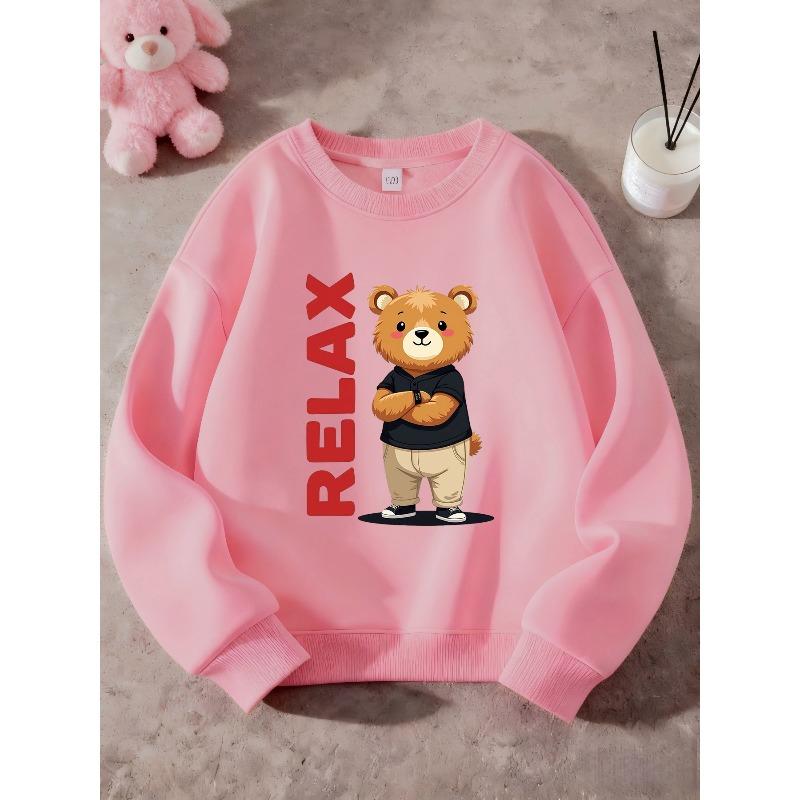 Kids Unisex Crewneck Sweatshirt, Red Vertical RELAX Cool Cartoon Bear Print Long Sleeve Pullover, Soft Sweatshirt for Boys Girls Over 4 Years Old