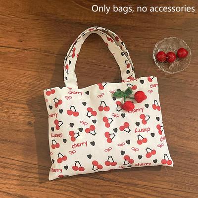 Cute Red Cherry Print Tote Canvas Bag Large Capacity Travel Portable Sundries Storage Bag Girl Sweet Commuter Shoulder Bag Gifts