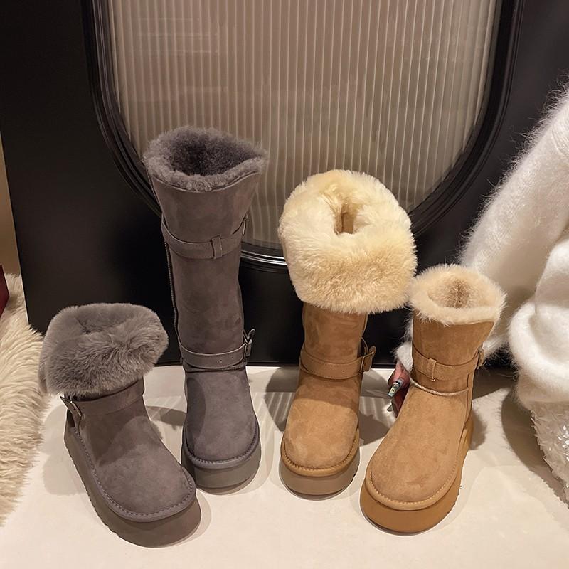 Sheepskin and fur integrated thick-soled cowhide velvet snow boots women's boots 2025 new leather buckle with thermal cotton boots short boots women