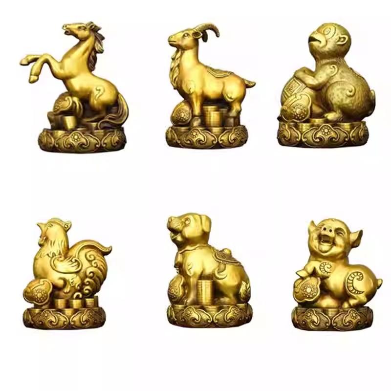12 Chinese Zodiac Animal Figurines Set Pure Copper Rat, Ox, Tiger, Rabbit, Dragon, Snake, Horse, Goat, Monkey, Rooster, Dog,Pig