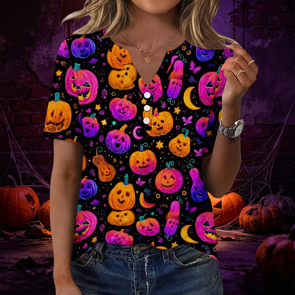 Womens Casual Halloween Print V Neck Short Sleeve Button Decor T Shirt Top Lightweight Comfortable Fit