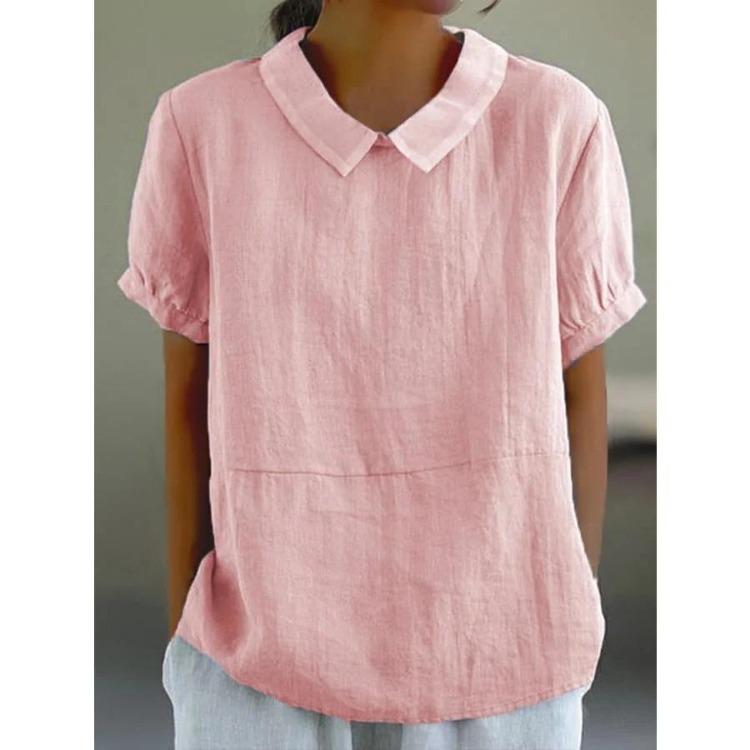 Summer Casual Blouse Peter Pan Collar Cotton Loose Ladies Shirt Short Sleeve Solid Color Breathable Womens Tops