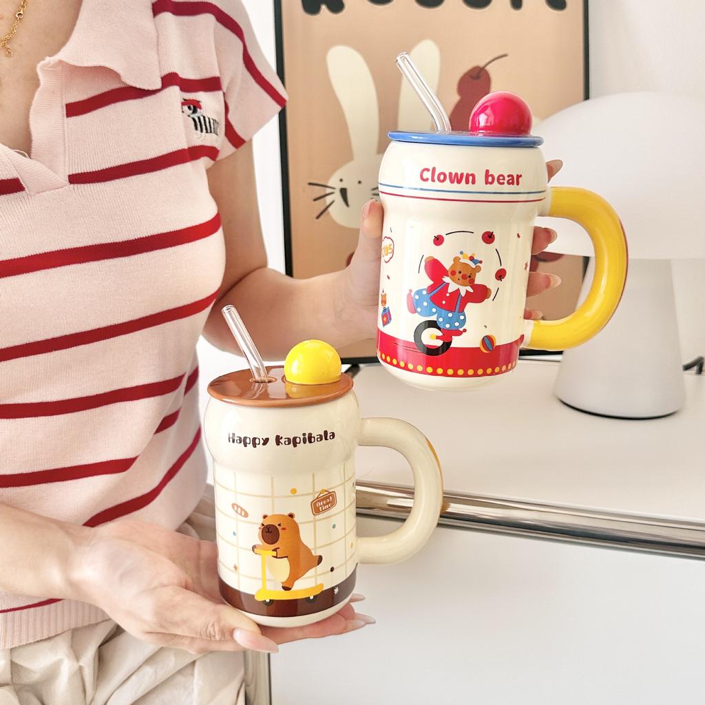 Cute Ceramic Mug with Lid Straw Cup Couple Home Cup Practical Birthday Gift for Girls