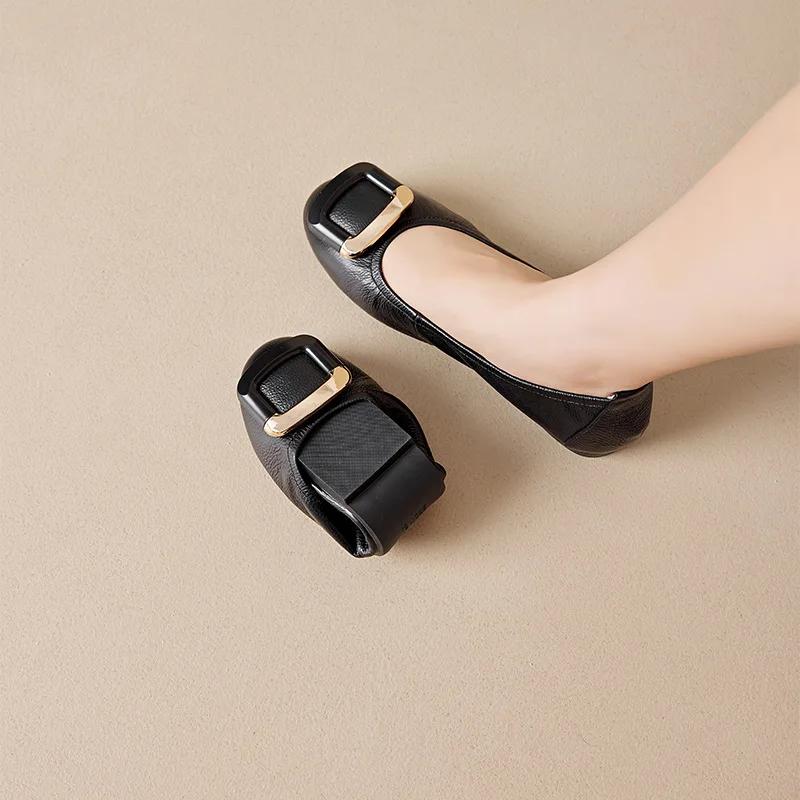 Fashion Genuine Leather Women's Flat Shoes Women Buckle Round Toe Slip on Ballet Flats Lazy Loafers Moccasins Ladies Casual Flats Shoes