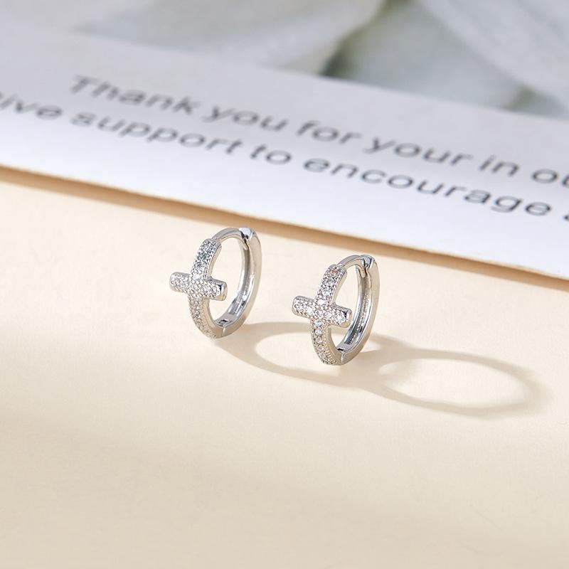 Minimalist S925 Pure Silver Cross Inlaid Diamond Earrings For Women Daily Wear