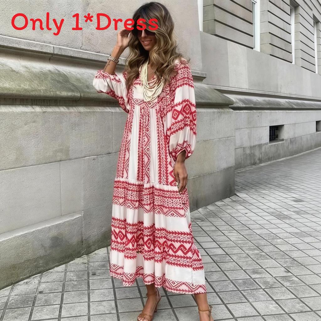 Bohemian Style Printed Lantern Sleeve Loose Maxi Dress For Casual Travel Women