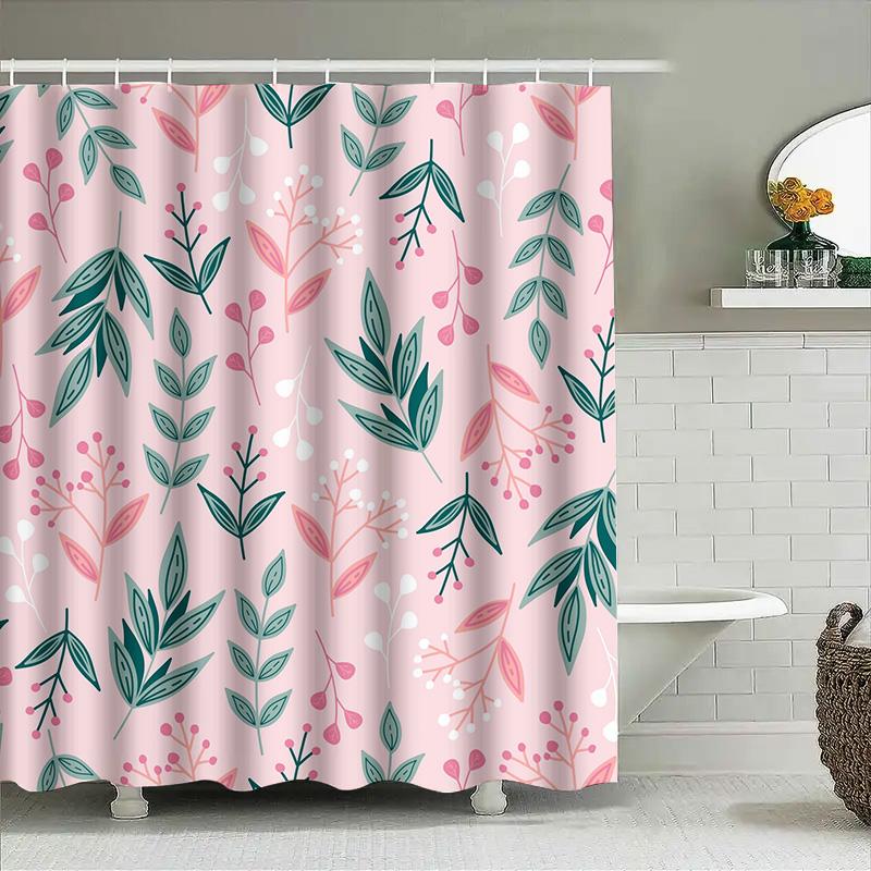 Waterproof Shower Curtain Greenery Leaves Pattern Decorative Bath Liner Pink Color For Bathroom Accessories Decoration Size72X84