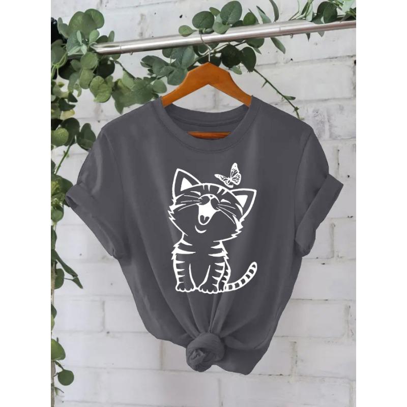 Cotton T-shirt Summer Short Sleeve Round Neck Cat Pattern Printed T-Shirts Women’s