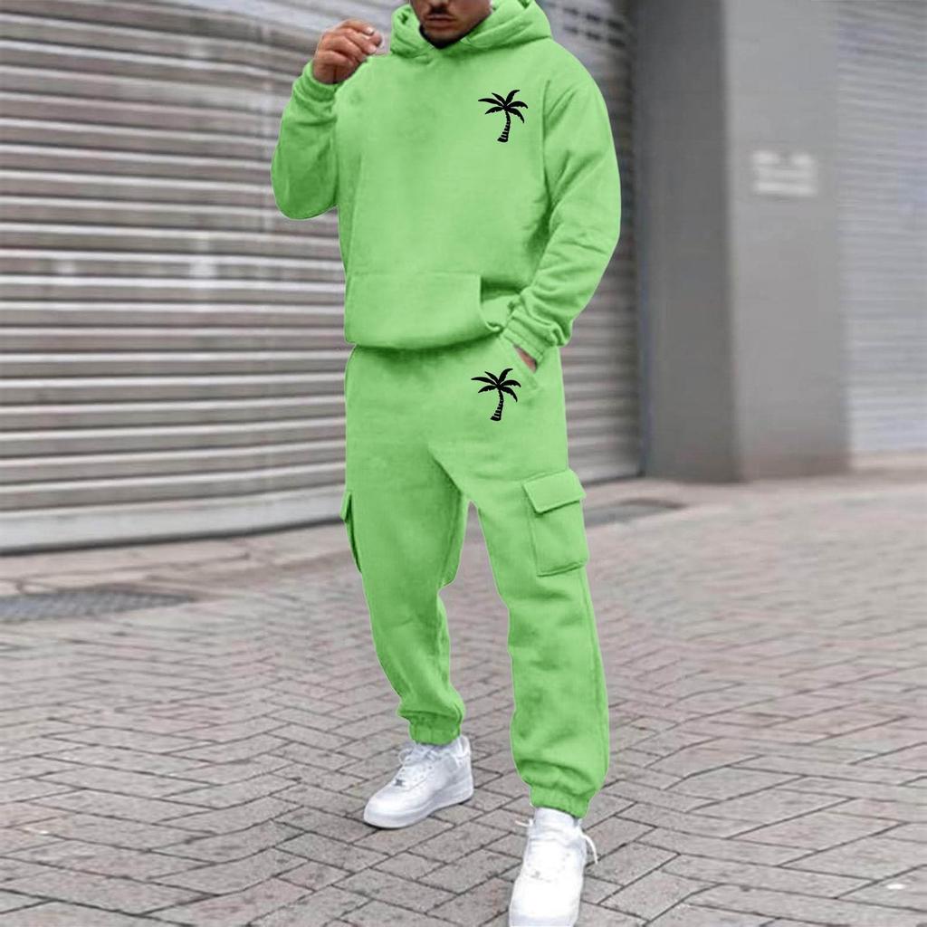 Men's Plus Size Hooded Sweatshirt and Sweatpants Set with Palm Tree Print Fleece Lined Loose Fit for Outdoor Sports and Casual Wear