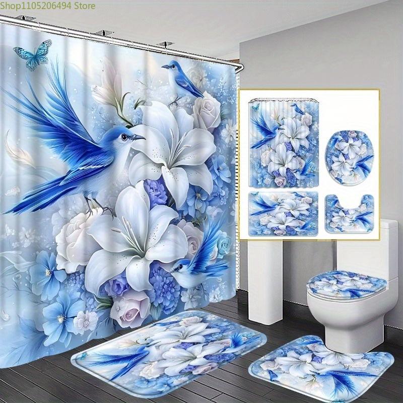 

1/3/4pcs Blue Bird Shower Curtain Set, Lily & Blue Bird Print Bathroom Decor, Includes, U-Pad, Lid Cover, 180x180cm, Curtain w 4pcs-Set