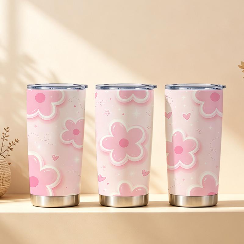 Car Tumbler 591ml Flower Heart Element Straw Cup Tumbler With Lid Portable Tumbler Stainless Steel Tumbler Leakproof Tumbler