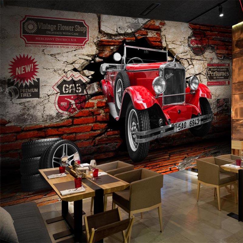 Retro 3d Tapet Rød Bil Veggmaleri Restaurant Kafé Bar Ktv Stue Bakgrunnsveggmaleri Dekorasjon