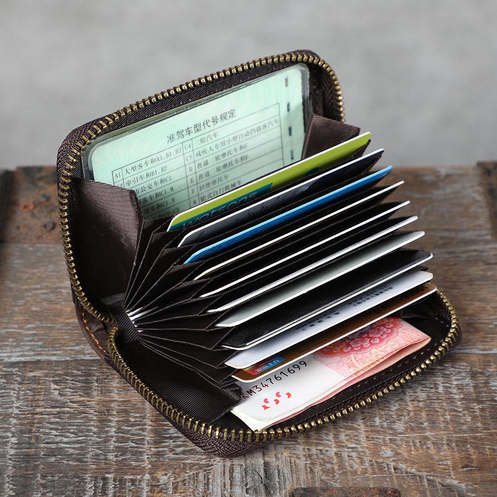 Vintage Crazy Horse Leather Accordion Card Holder with Multi-Card Slots, Coin Purse & Driver's License Pocket for Men and Women