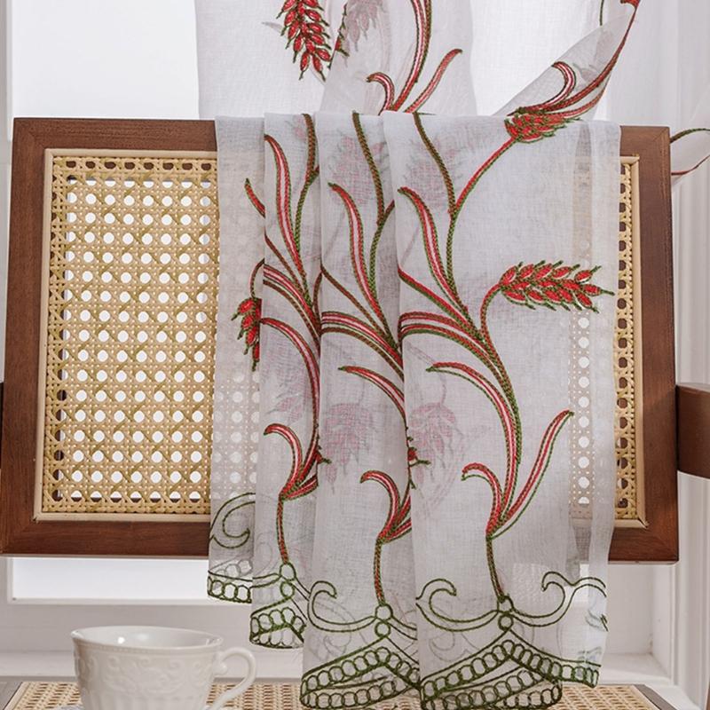 Rod Pocket Design Semi Sheer Curtain Easy Installation Wheat Embroidered Voile Drape Light Filtering for Home Decors
