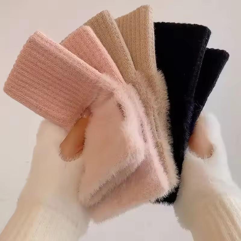 Soft Winter Half Finger Gloves Women Warm Luxury Solid White Plush Knitted Fingerless Gloves Wrist Mittens Writing Gloves