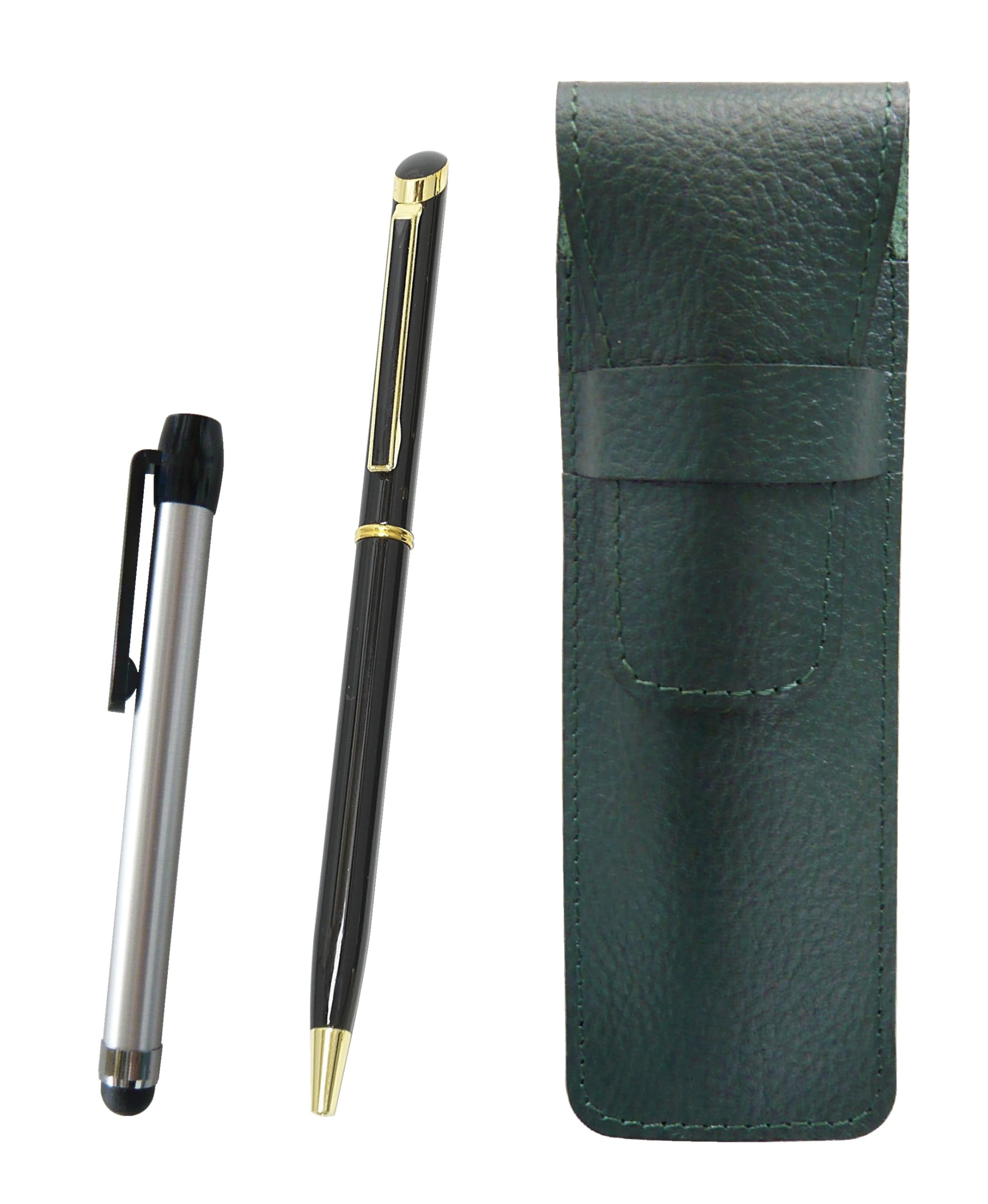 

Grained leather pencil case moss green metal touch bar silver and epoxy rotating ballpoint pen set black SASMG-ALST-WD002-B