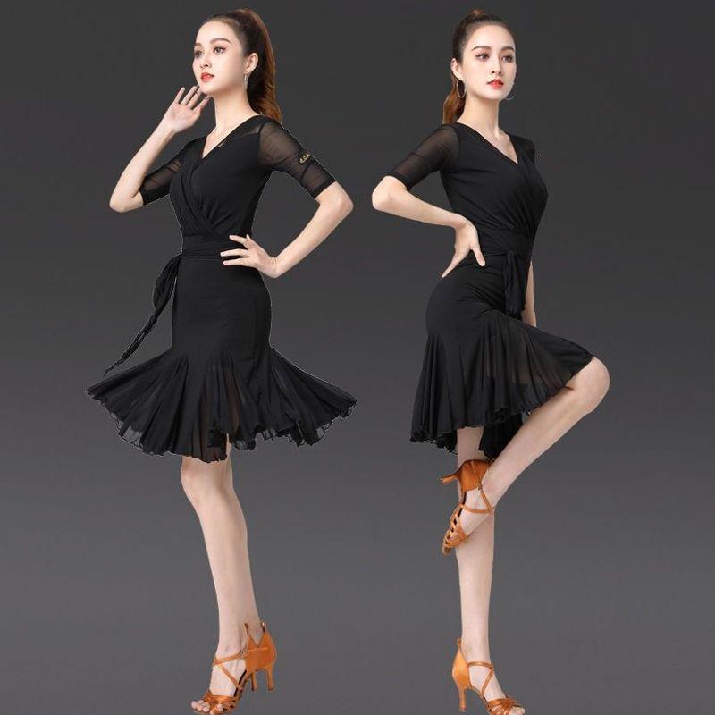 Vestido de Práctica Latino de Baile de Salón Delgado de Manga Corta para Mujer