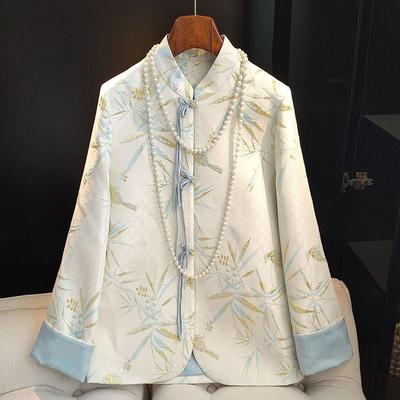 Retro Chinese Style Jacket for Women's Design Niche Bamboo Leaves Jacquard Contrasting Color Tang Suit Top