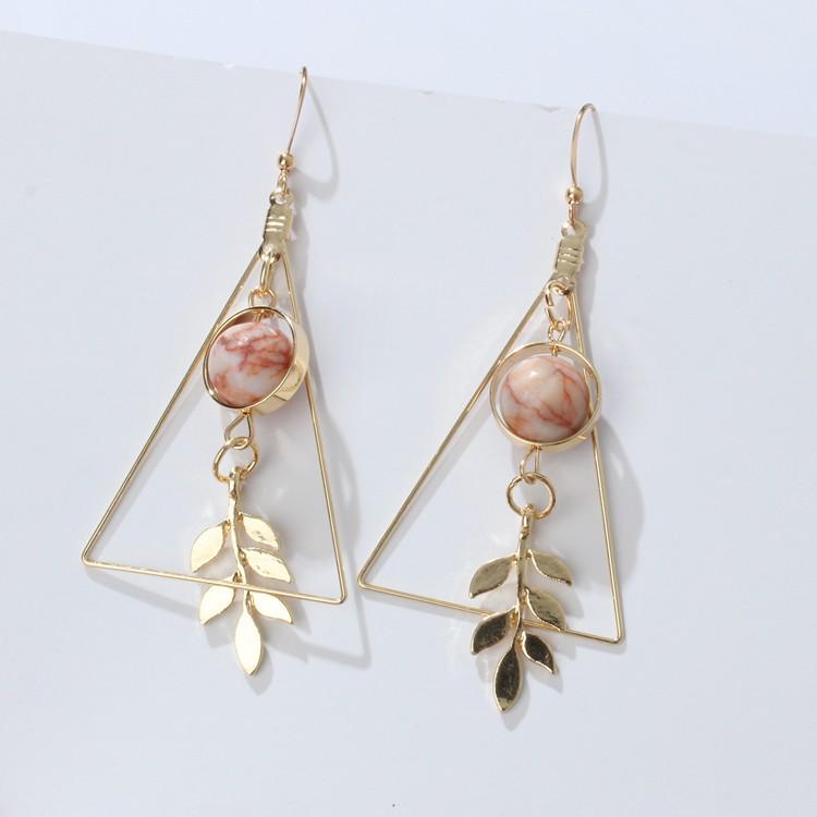 

European & American Stylish Hollow Leaf and Marble Beaded Drop Earrings Electroplated