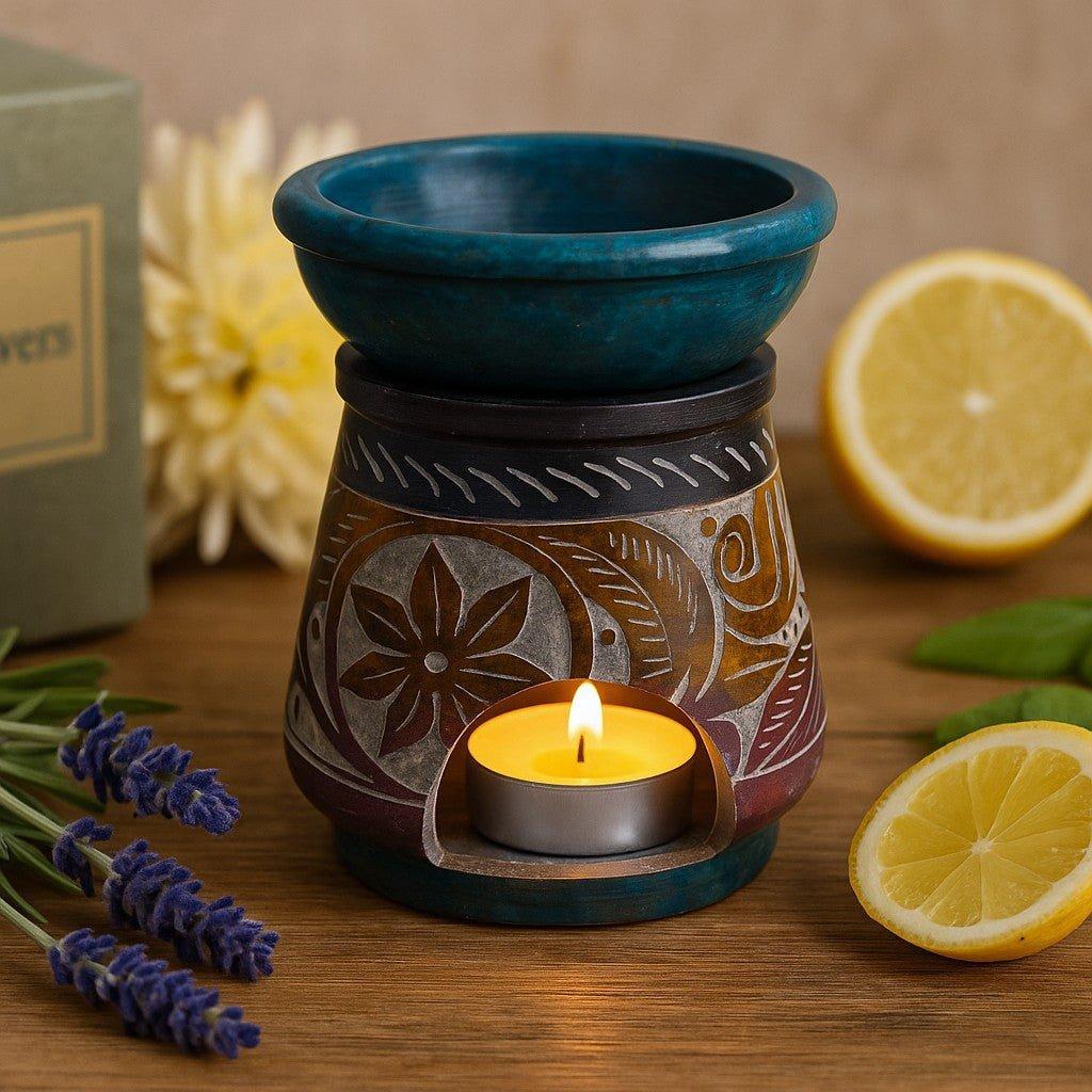 Soapstone Aromatherapy Oil Burner 8 cm Floral Multi-Coloured