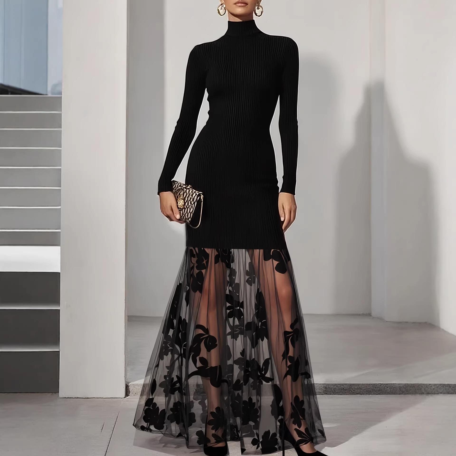 Retro Elegant Black Floral Knit Mesh Dress with High Neck & Long Sleeves L