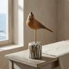 Wooden Bird Figurine Weathered Finish Rustic Statue Whitewashed Ornament
