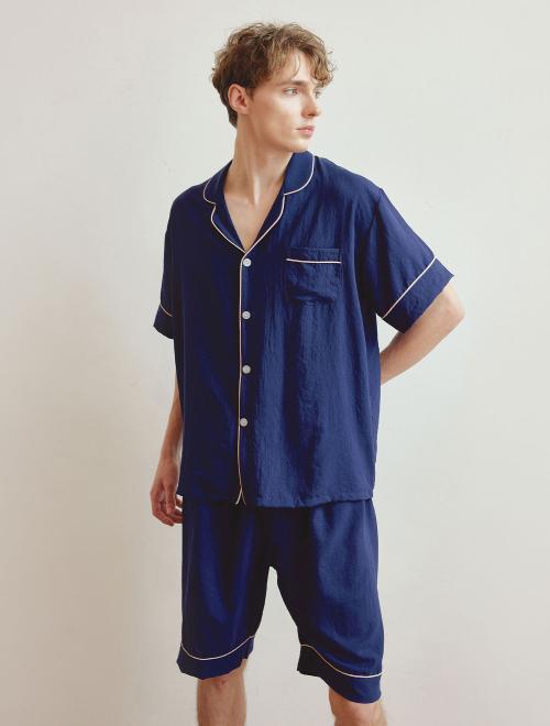 

[LUNALUZ STUDIO] Мужской комплект из двух предметов пижамы Harmony с коротким рукавом и воротником, песочного цвета, с эффектом стирки [Отправка из Кореи] 100% Оригинал Navy