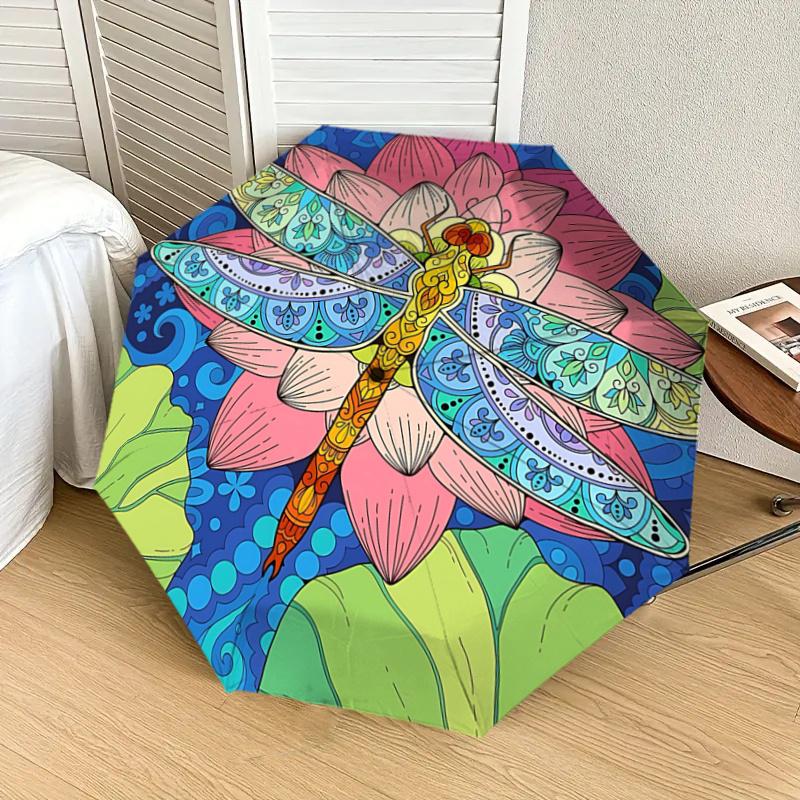 Colorful Lotus Dragonfly Mandala Automatic Opening Folding Umbrella with 8-Bone Iron Frame, Suitable for Fans, Travel, Daily Use, Festive Gi