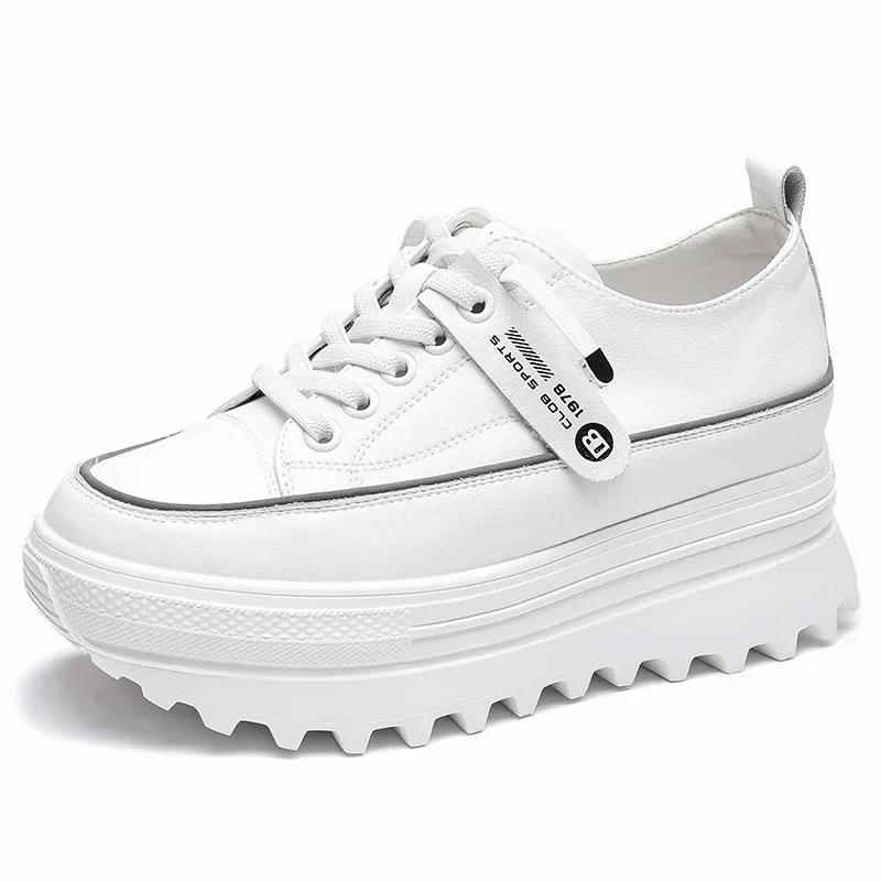 Fashion 5.5CM Genuine Leather Platform Wedge Shoes Chunky Sneaker White Casual Shoes Comfortable Breathable Spring Autumn Shoes