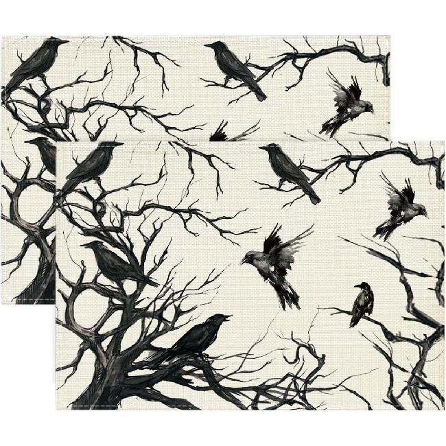 Artoid Mode Tree Crows Halloween Placemats Set of 4, 12x18 Inch Branches Fall Table Mats for Outdoor Home Party Kitchen Dining Decoration 12  x 18 , Rectangular Se