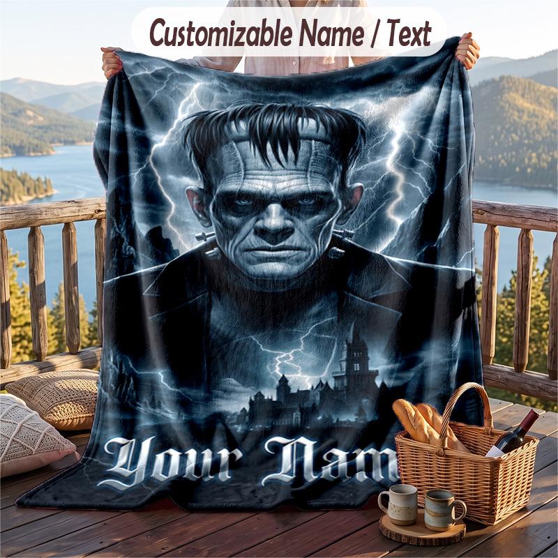 Custom Text Flannel Throw Blanket, Lightweight Cozy Bed Sofa BlanketFrankenstein's Monster