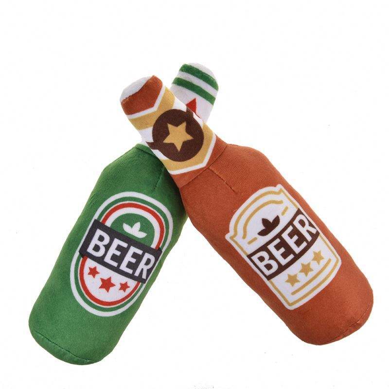 Beer Bottle Shaped Plush Dog Chew Toy Squeaky Interactive Bite-Resistant Pet Playing Supplies for Small to Large Dogs Teeth Clea