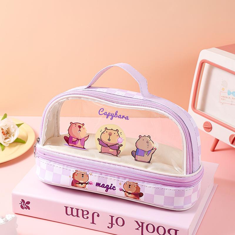 Doppellagiges transparentes Federmäppchen, große Kapazität, Kapibala Bleistifttasche, ideal für Schulsachen-Organizer, Schüler, Kinder