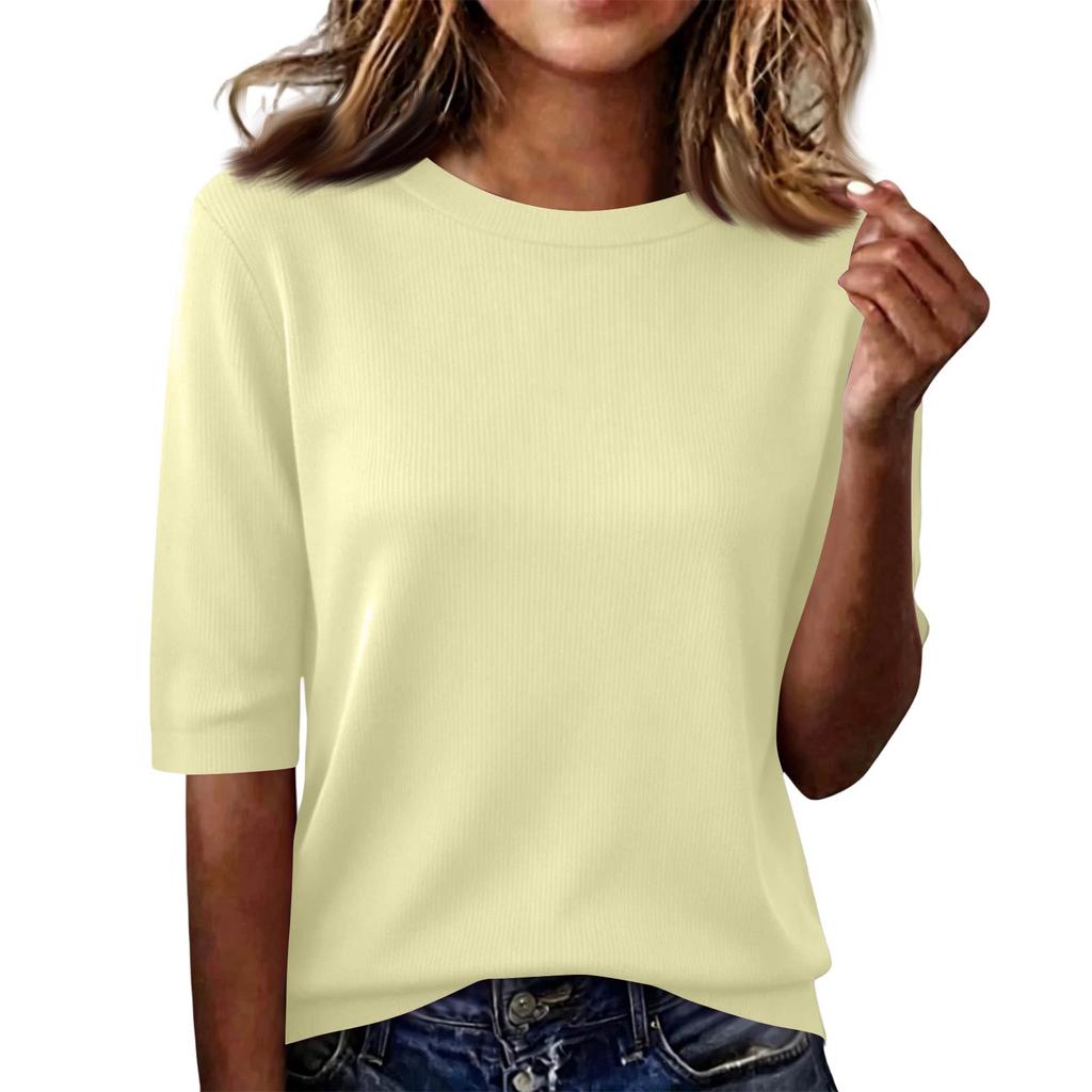 Loose Fit Ribbed Knit Top Women Half Sleeve Pullover Lightweight Summer Casual Round Neck Shirt