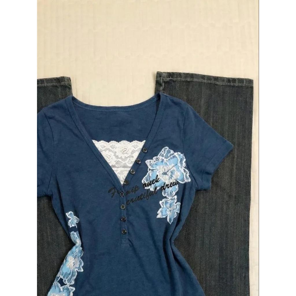 TrendHub Women American Vintage Flower Print T-shirt Summer Grunge Retro Slim Fit Tees Y2K Harajuku Grunge Short Sleeve Hot Girl Tops New