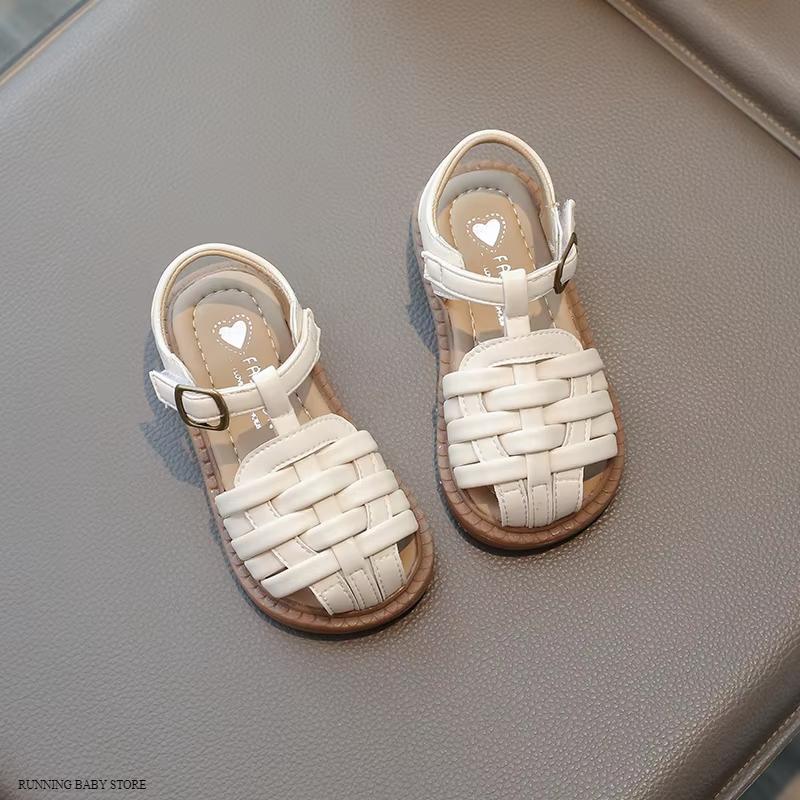 Fashionable Retro Roman Shoes Child Casual Soft-soled Summer Woven Toe Cap Flat Shoes Girls Sandals New Children Footwear I02201 22 бежевый