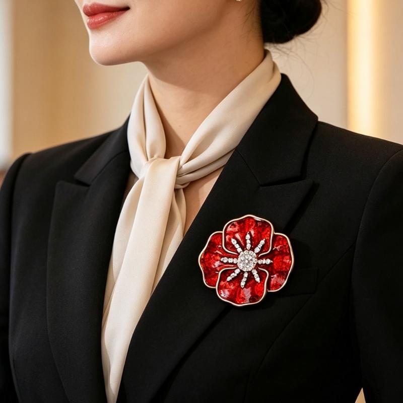 Flower Brooch Pin with Red Enamel-Style Floral Design and Clear Stone Center, Alloy Lapel Accessory for Coats, Scarves, Bags and Commemorative Wear