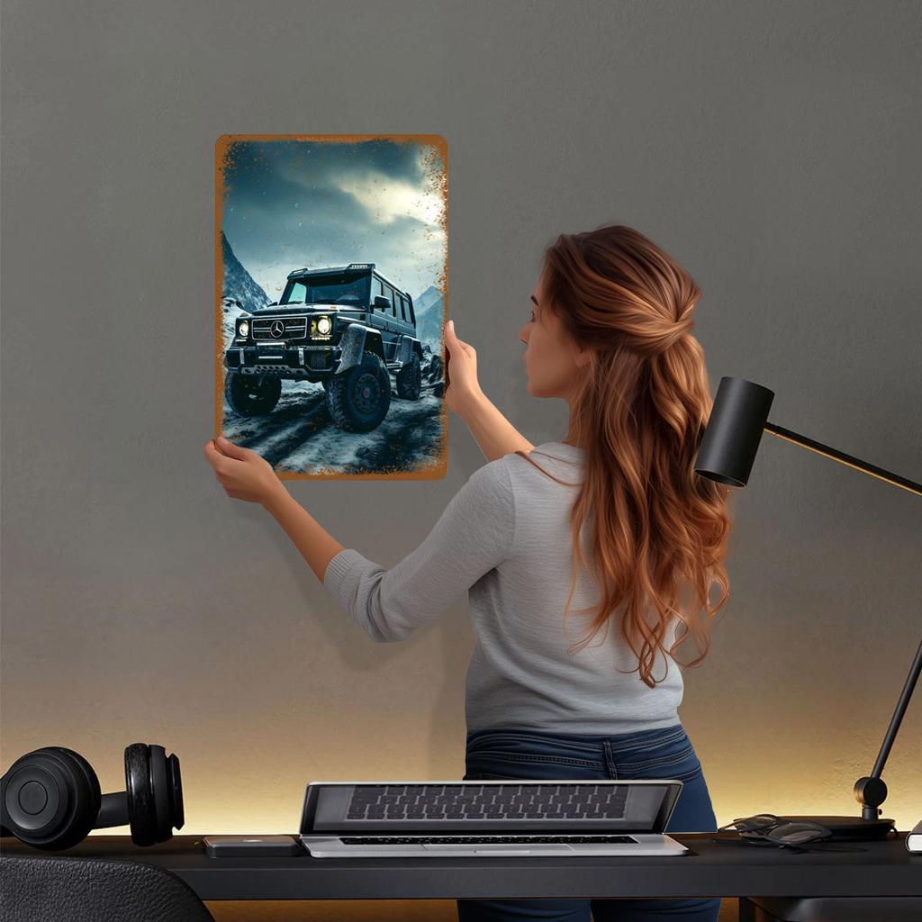 Black Mercedes G-Wagon In Snowy Mountains Metal Signs Car Poster Vintage Home Decor Items Wall Art of Murals Interior Decoration