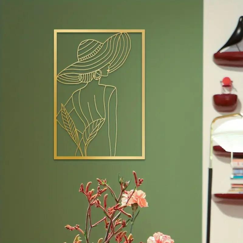 Vintage Lady Metal Wall Art - Modern Black and Gold Drawing | Minimalist Abstract Female Single Line Art for Home Decor