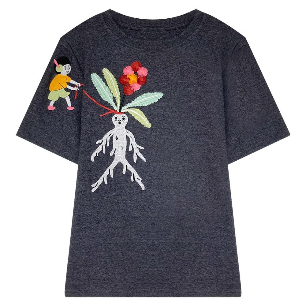 Nové jarní/letní dámské tričko s výšivkou, kulatým výstřihem a volným střihem