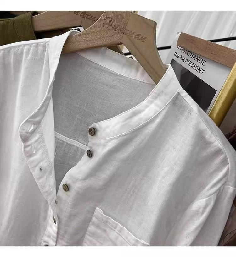 Southeast Asia Retro Stand Collar Plus Size Cotton Linen Shirt - Casual Loose Fit Long Sleeve